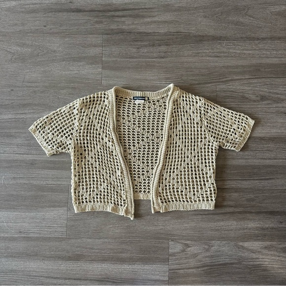 ⚡️ Sweaterworks Tan Cream Knit Lightweight Short Sleeve Cardigan - Picture 4 of 11